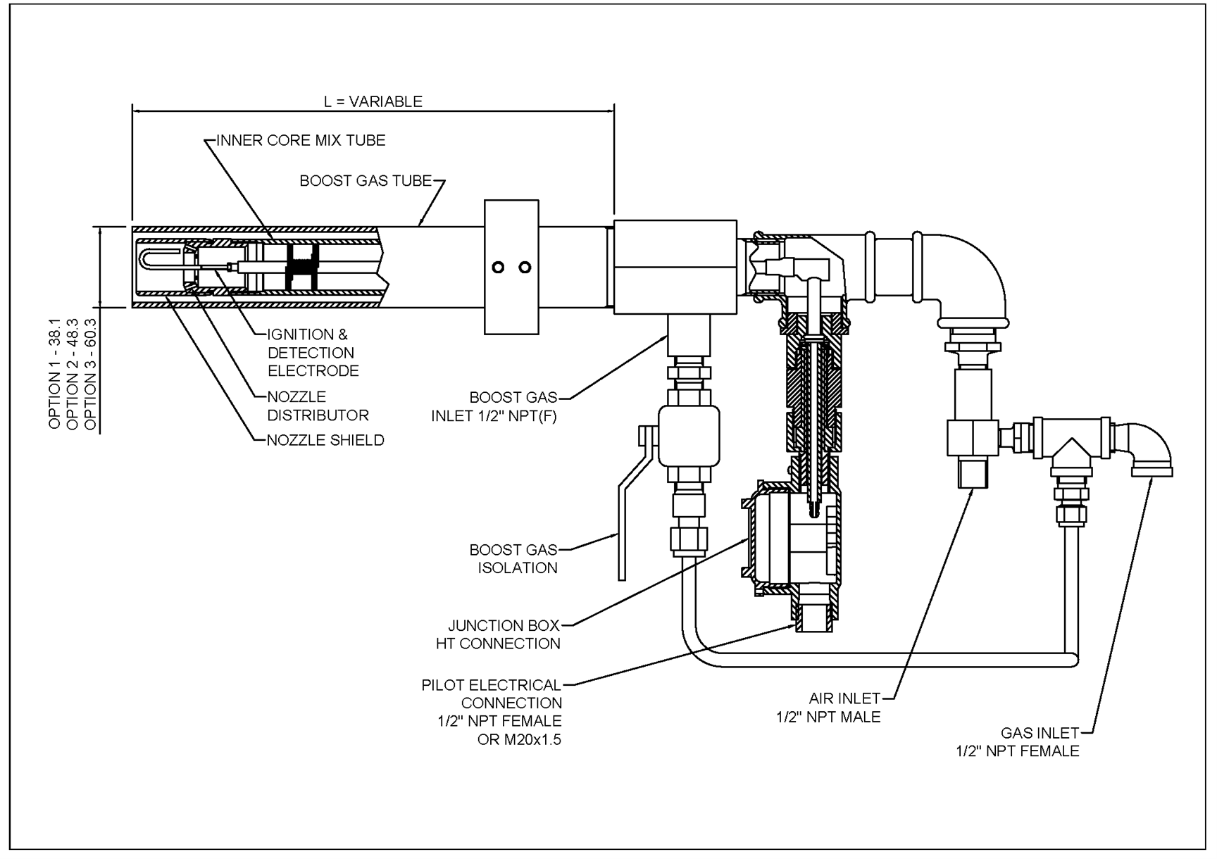 Technical drawing of high liberation pilot burner showing boost gas tube, ignition electrode, and gas/air inlet connections
