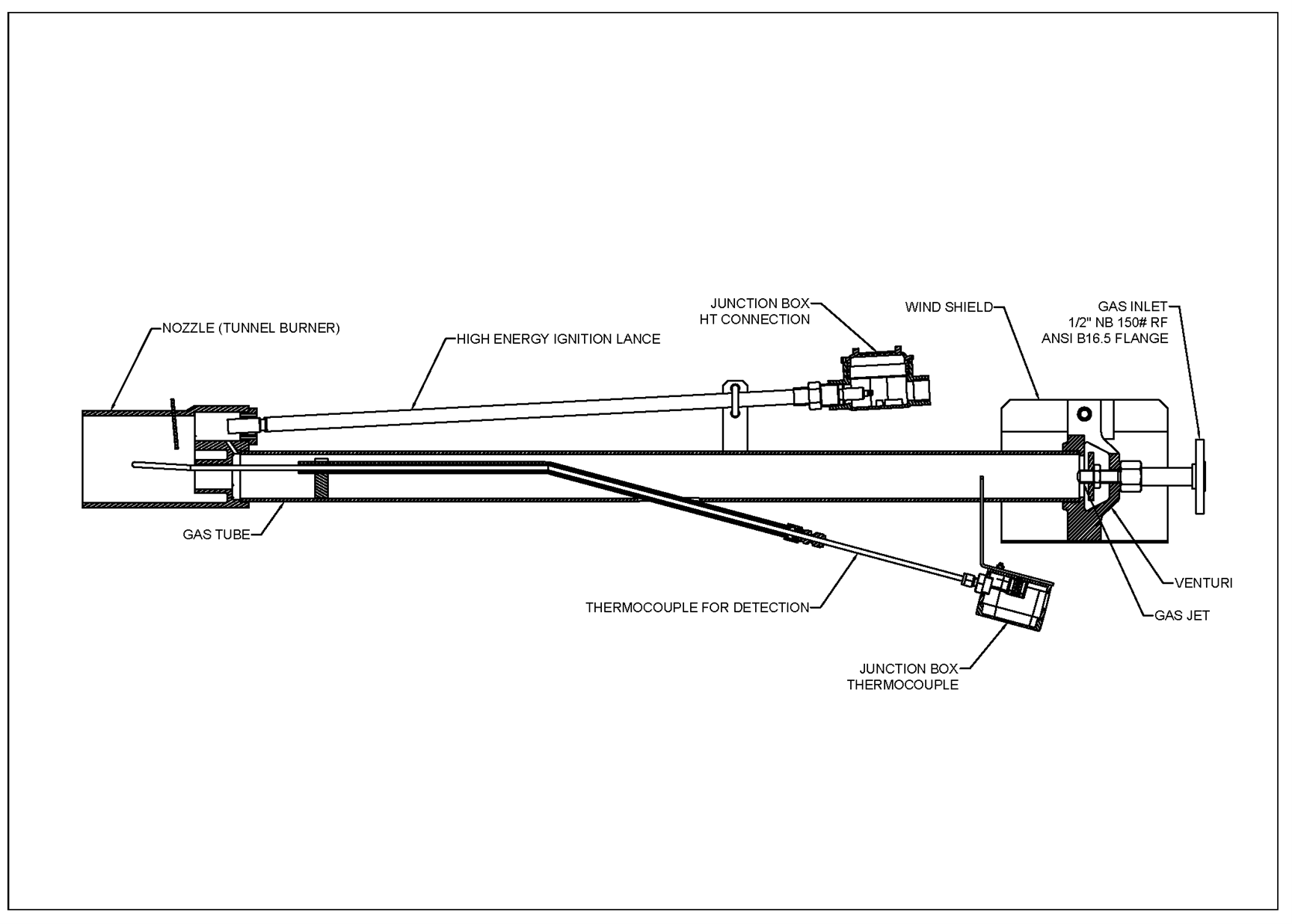 Technical drawing of flare pilot burner showing ignition lance, thermocouple, venturi, and gas inlet assembly
