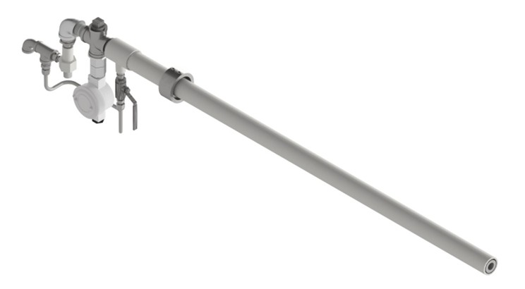 3D render of a high liberation pilot burner with boost gas piping and extended ignition tube
