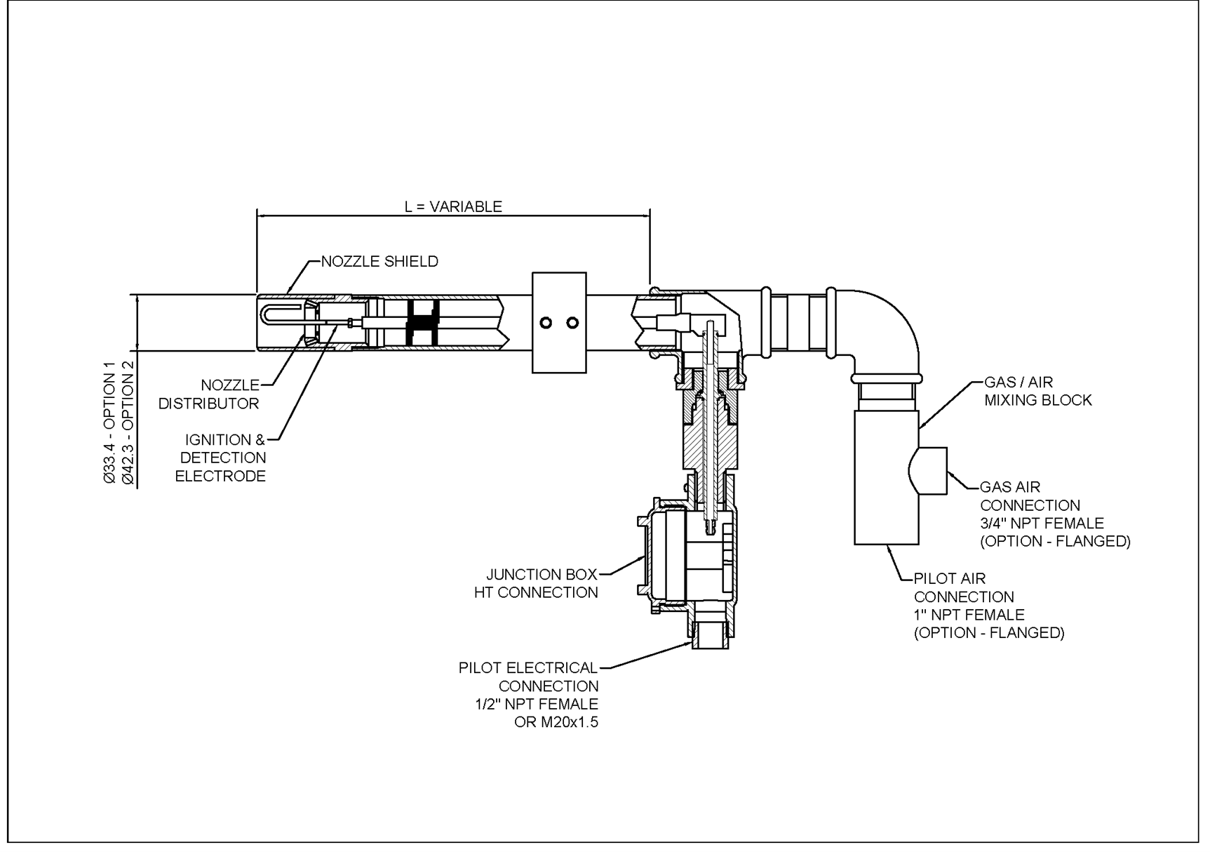 Technical drawing of forced draught pilot with labelled components including gas/air mixing block, electrode, and junction box

