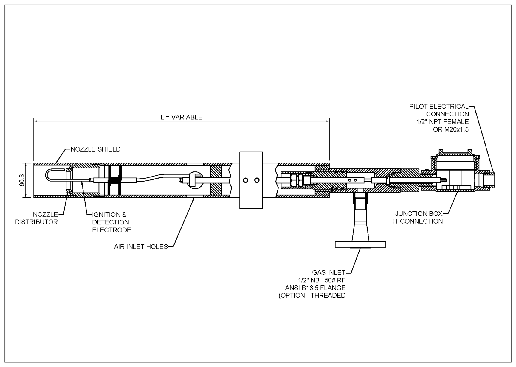 Technical drawing of induced draught pilot burner showing air inlet holes, ignition electrode, and gas flange connection
