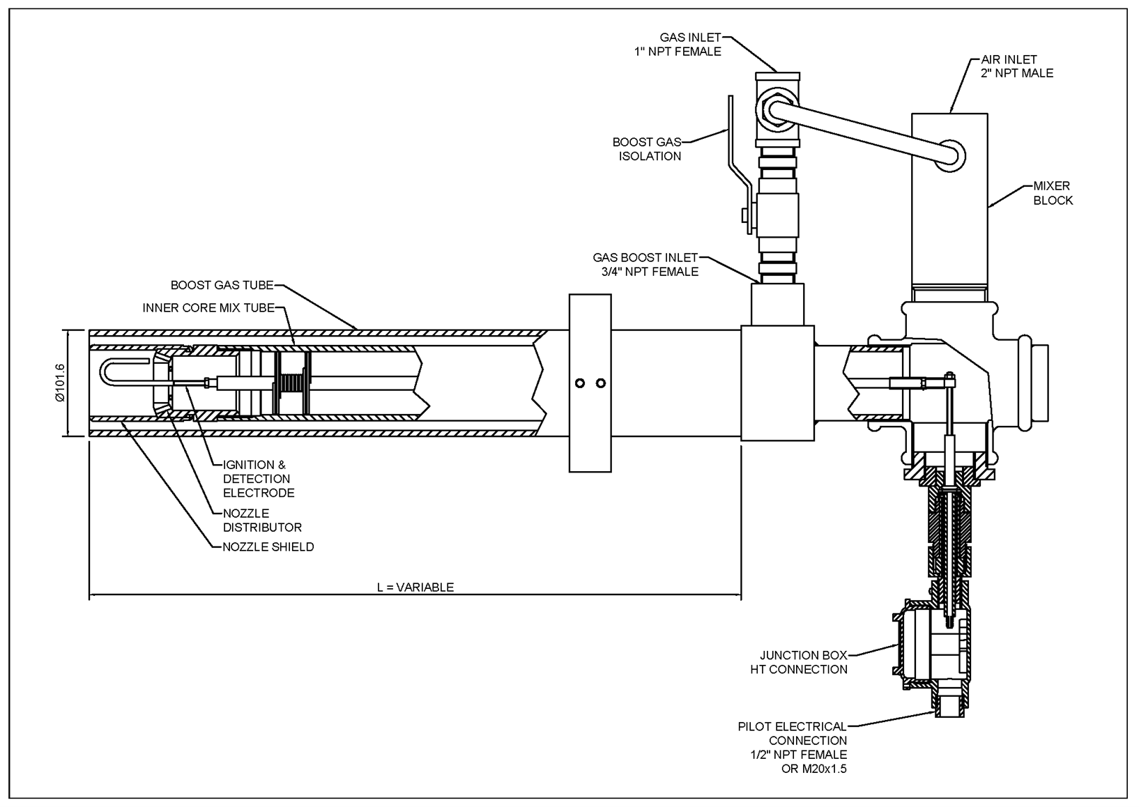 Technical drawing of high capacity pilot burner showing mixer block, boost gas inlet, air/gas connections, and ignition electrode
