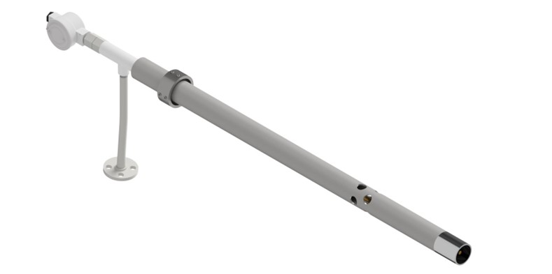 3D render of an induced draught pilot burner with extended body and rear air inlet assembly
