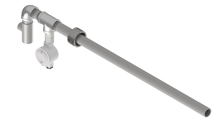 3D render of a forced draught pilot burner with extended ignition tube and rear-mounted air/gas mixing assembly
