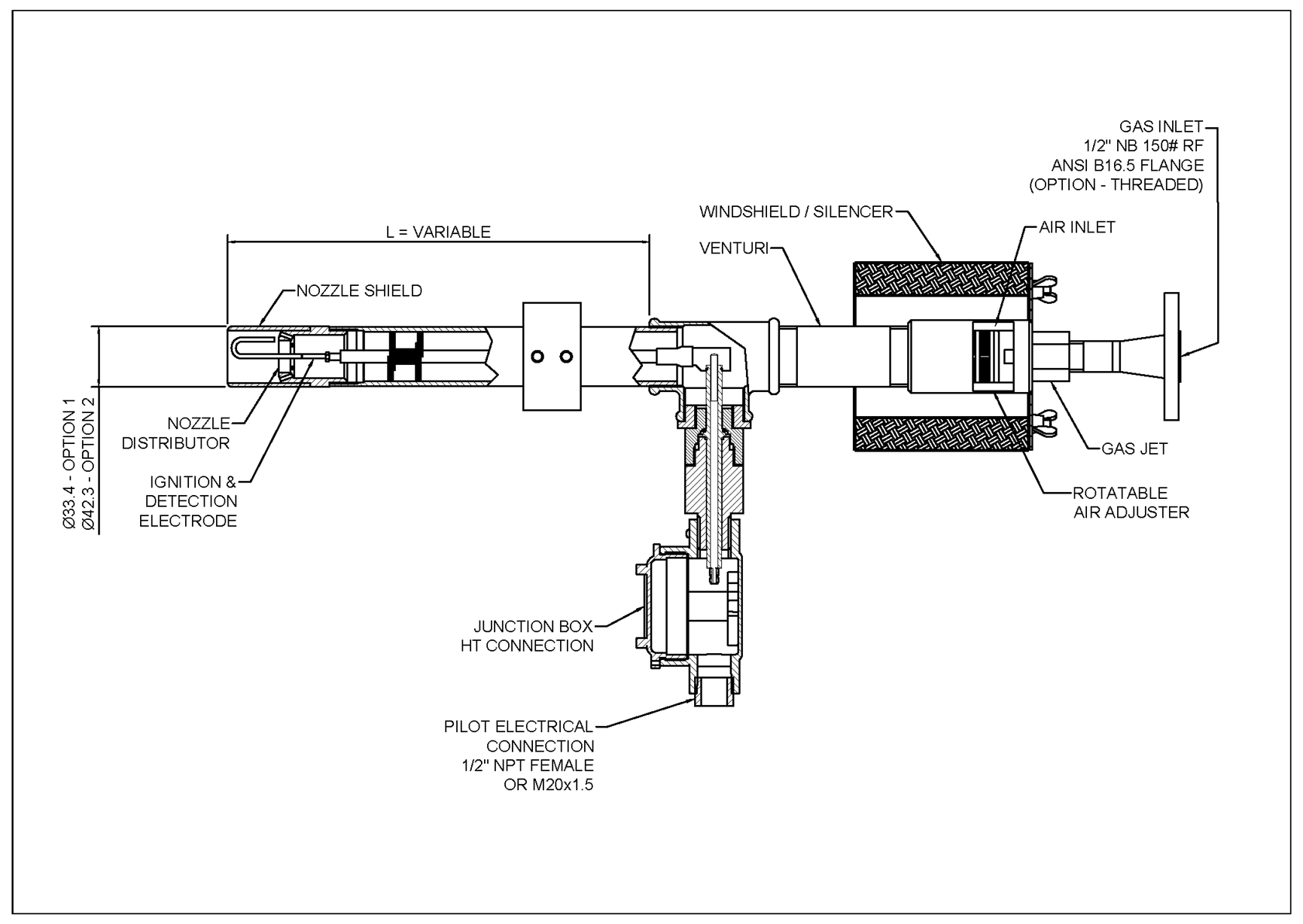 Technical drawing of self inspirating pilot burner showing nozzle shield, ignition electrode, and gas/air inlet design
