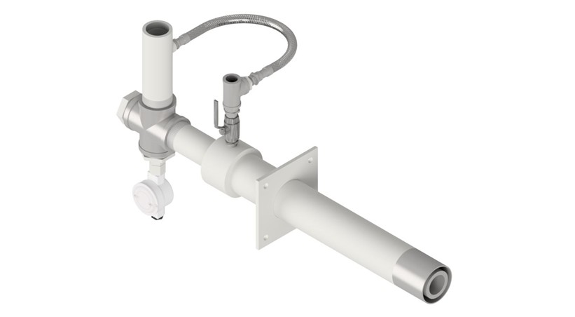 3D render of a high capacity pilot burner featuring large diameter nozzle, boost gas line, and flanged mounting
