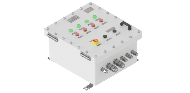 3D render of ignition and detection control unit for flare pilot with external indicators and manual control options
