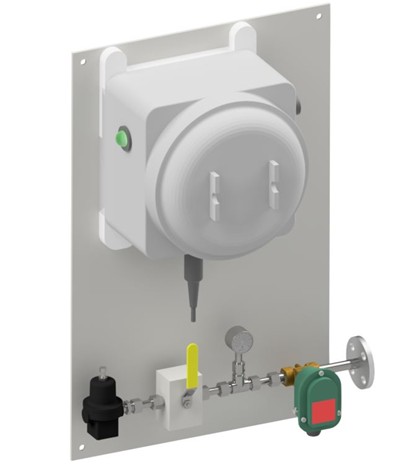 3D render of integrated pilot gas control system for self inspirating ignition, including control unit and solenoid valve
