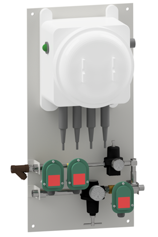 3D render of forced draught pilot gas and air control panel with integrated control unit and ATEX solenoid valves

