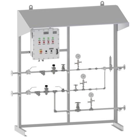 3D render of flame front generator panel with integrated control unit, canopy cover, and complete gas and air flow system including valves and instrumentation
