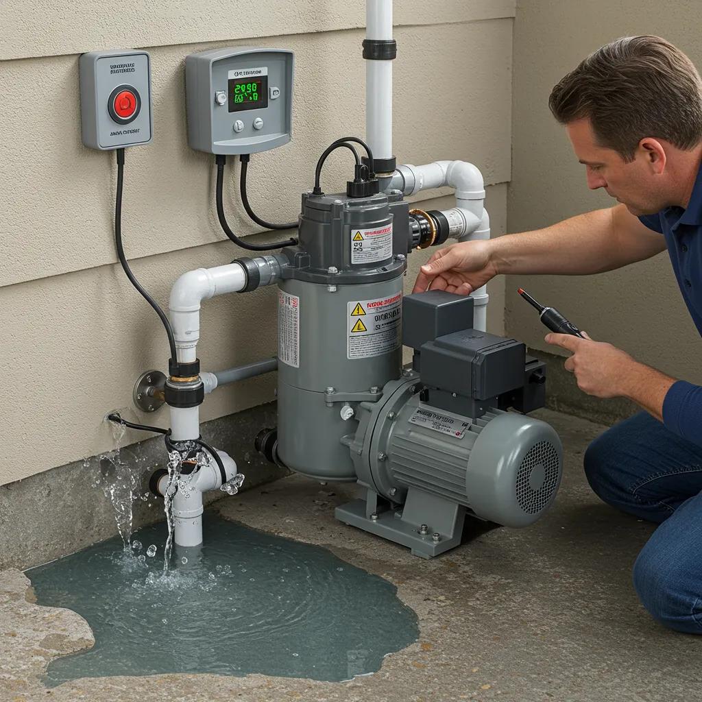 Common signs of a failing sewage pump, including water pooling and alarm indicators