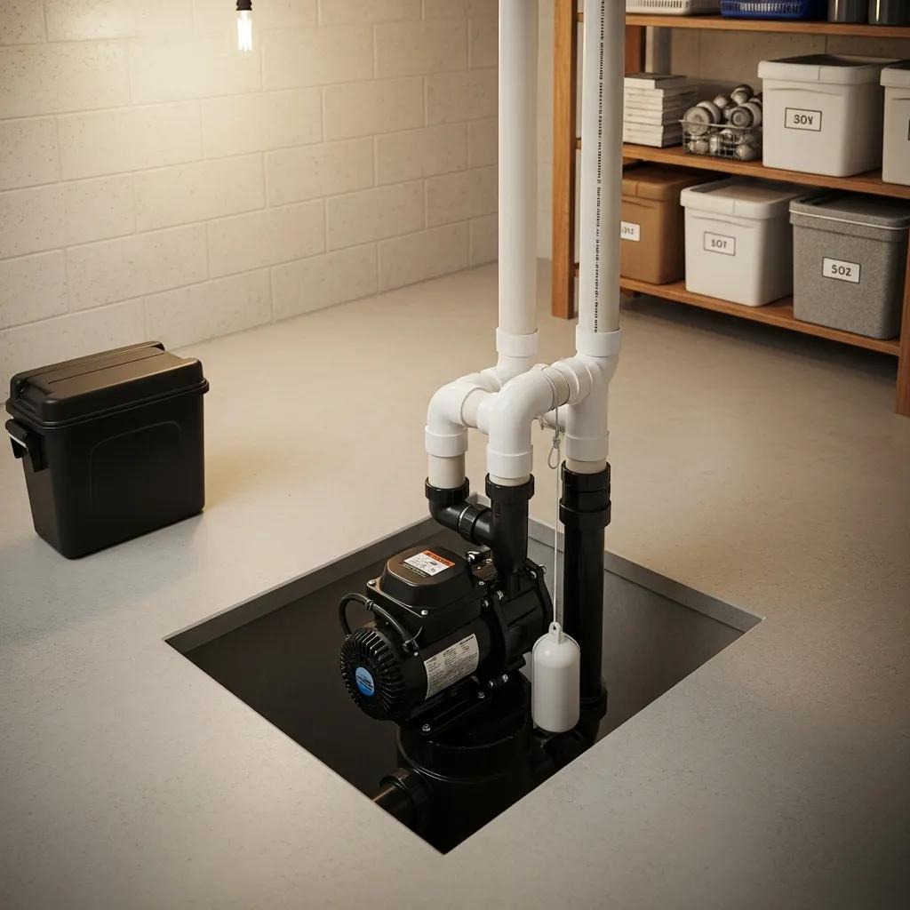 Sump pump sitting in a clean basement basin, showing its role in preventing floods