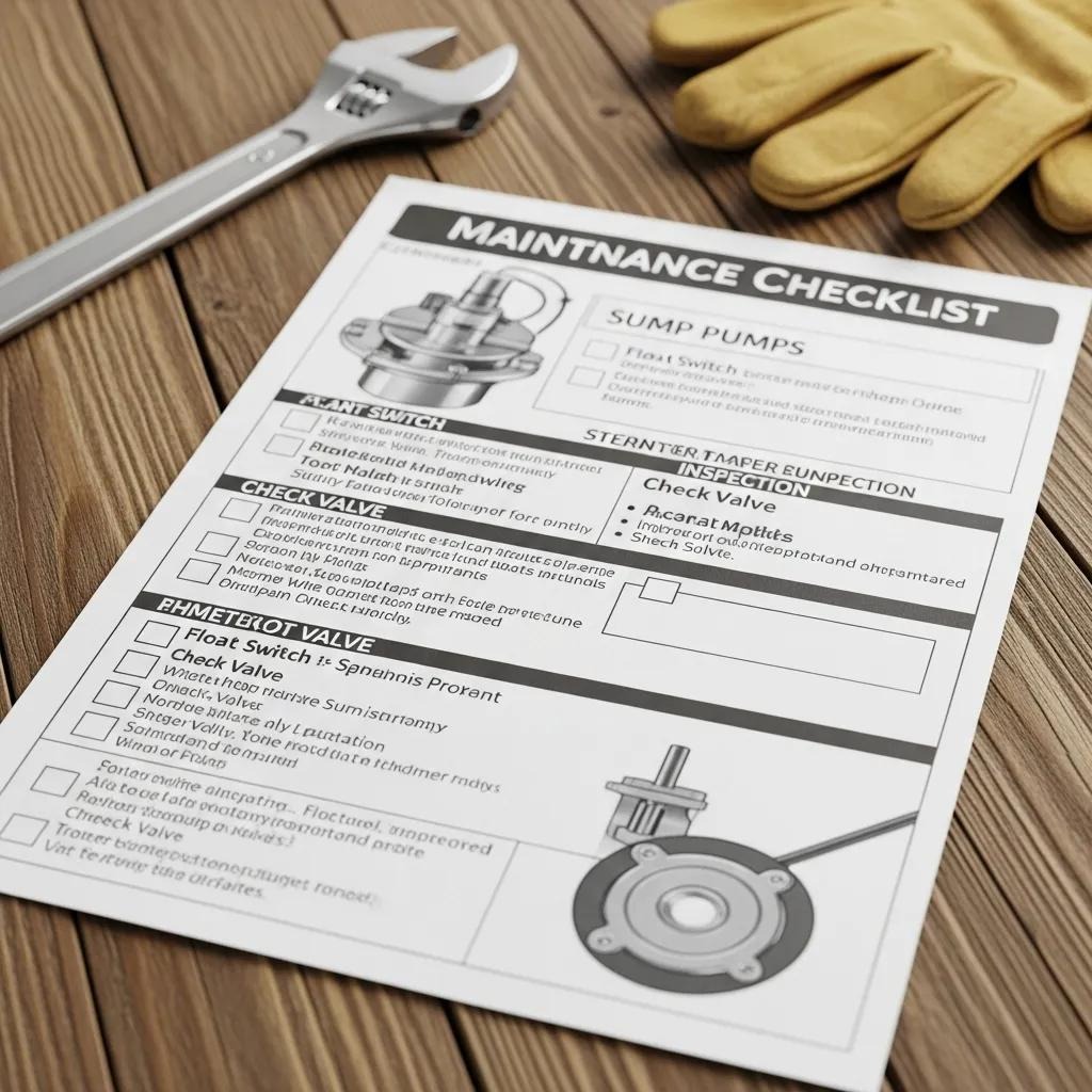 A close view of a sump pump checklist and tools, showing steps homeowners can take