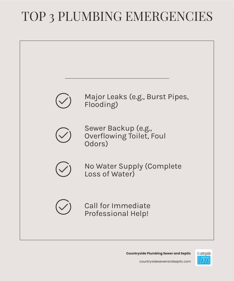 Infographic showing three critical signs of a plumbing emergency: a burst pipe with water spraying indicating major leaks, a toilet overflowing with sewage representing sewer backup, and an empty faucet symbolizing complete loss of water supply, with bold text stating when to call for immediate help - plumbing emergencies affordable in antioch, il infographic checklist-light-beige