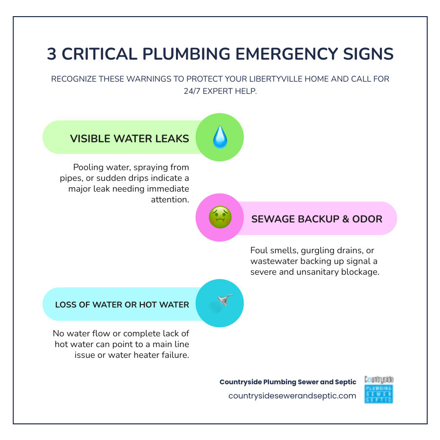 Infographic showing three critical plumbing emergency warning signs: visible water pooling or spraying from pipes, sewage odor or backup in drains, and complete loss of water or hot water supply, with icons indicating when to call 24/7 emergency service - plumbing emergencies in libertyville, il infographic infographic-line-3-steps-colors