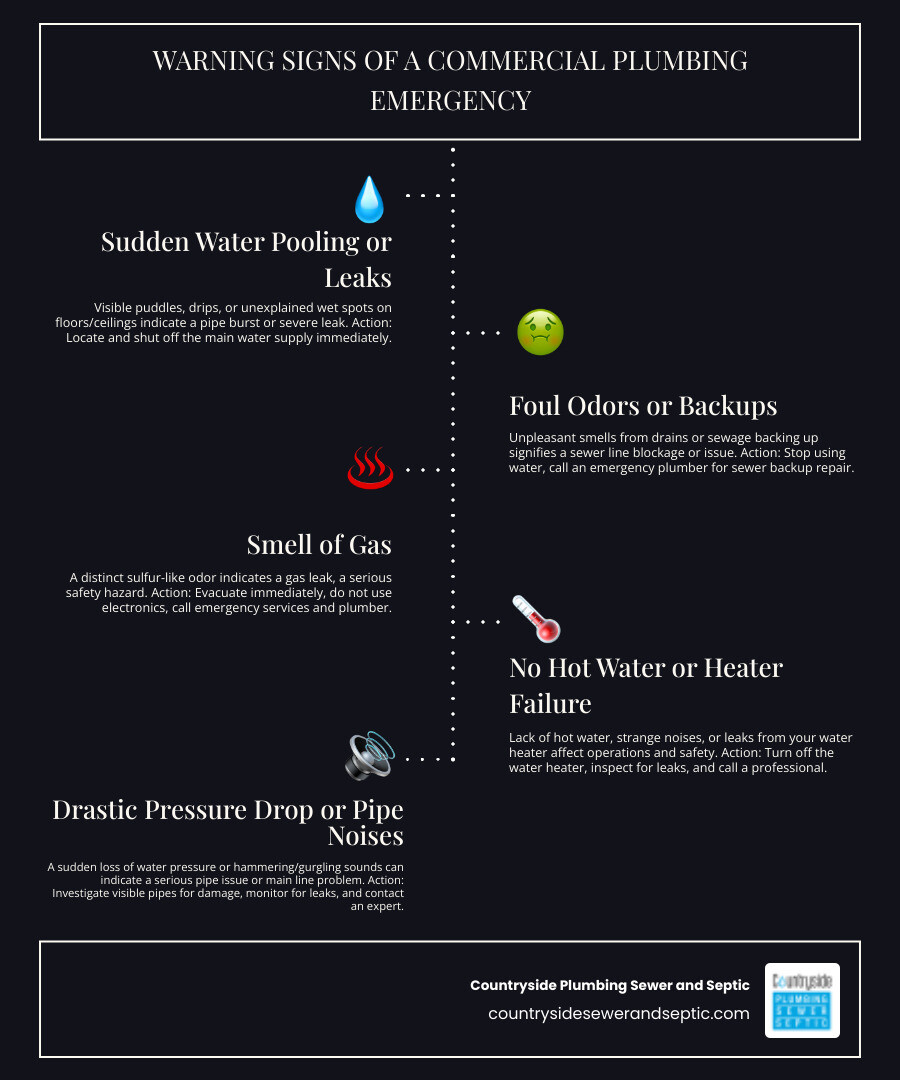 Infographic showing the warning signs of a commercial plumbing emergency: visible water pooling, sudden drop in water pressure, foul odors from drains, unusual sounds in pipes, no hot water, multiple clogged fixtures, and gas smell. Each sign includes an icon and brief description of the immediate action required. - plumbing emergencies commercial in antioch, il infographic infographic-line-5-steps-dark
