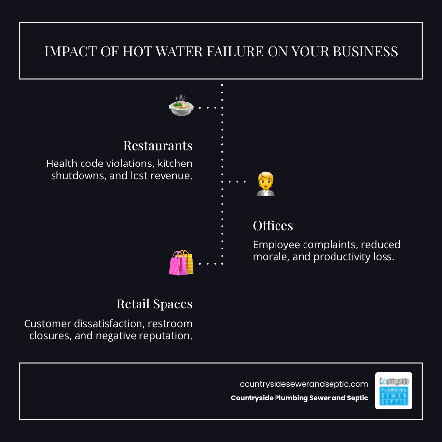 infographic showing the impact of commercial water heater failure on restaurants (health code violations, kitchen shutdowns), offices (employee complaints, reduced morale), and retail spaces (customer dissatisfaction, restroom closures), with icons representing each business type and consequences - water heater replacement commercial in crystal lake, il infographic infographic-line-3-steps-dark