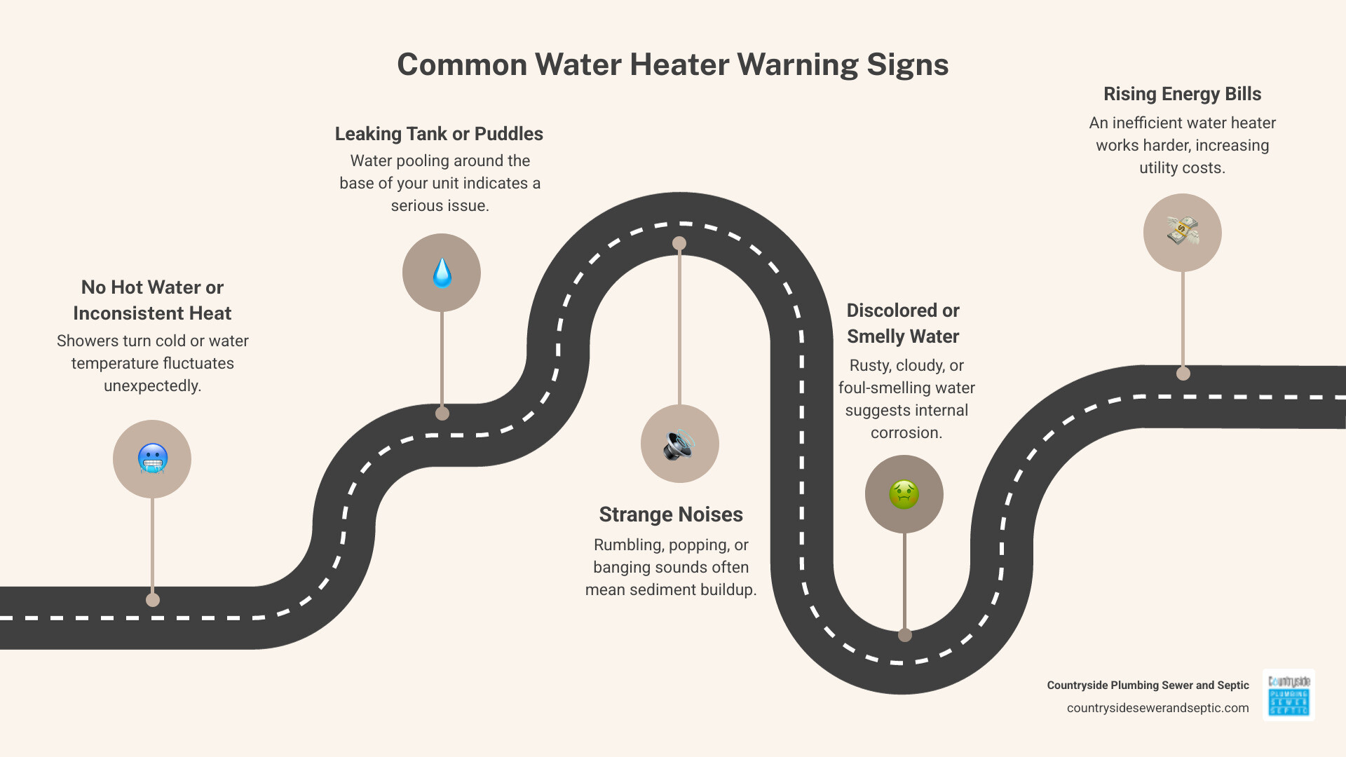 Infographic showing common signs your water heater needs repair including no hot water, inconsistent temperatures, leaking tank, strange noises like popping or rumbling, discolored or smelly water, and increased energy bills, with icons for each warning sign - water heater repair affordable in antioch, il infographic roadmap-5-steps