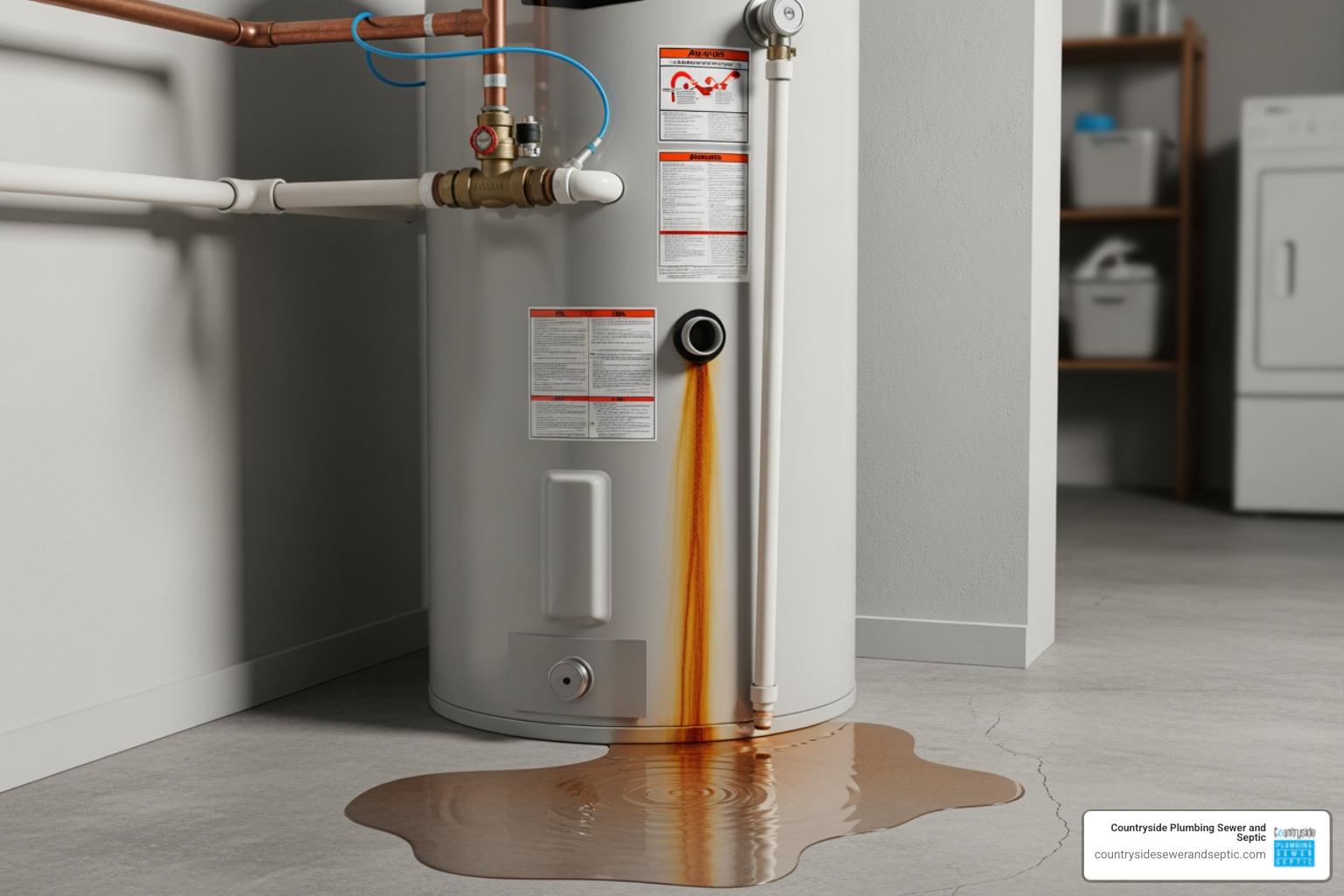 Infographic showing five warning signs your water heater needs repair: no hot water or inconsistent temperatures, strange popping or rumbling noises from the tank, visible water leaks or pooling at the base, rusty or discolored water from taps, and foul rotten egg smell indicating anode rod failure - water heater repair in antioch, il