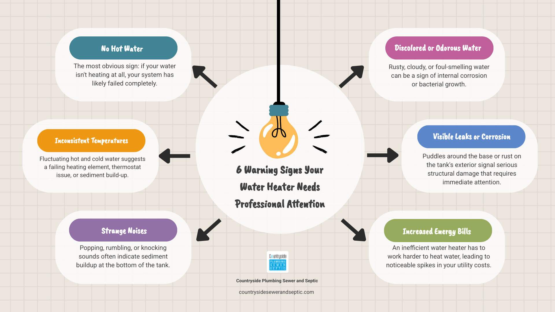 infographic showing five warning signs of water heater failure including no hot water, strange noises, discolored water, visible leaks, and inconsistent temperature with simple icons for each - water heater repair best in antioch, il infographic brainstorm-6-items infographic showing five warning signs of water heater failure including no hot water, strange noises, discolored water, visible leaks, and inconsistent temperature with simple icons for each - water heater repair best in antioch, il infographic brainstorm-6-items