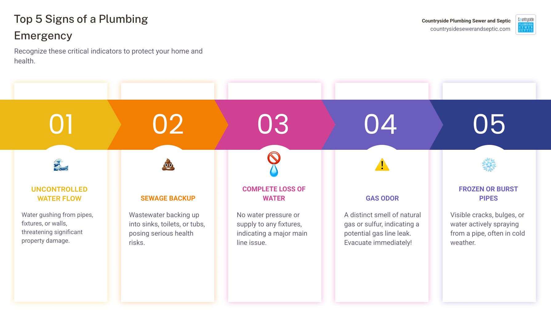 infographic showing the top 5 signs of a plumbing emergency: uncontrolled water flow, sewage backup, complete loss of water, gas odor, and frozen or burst pipes - plumbing service emergency in libertyville, il infographic pillar-5-steps