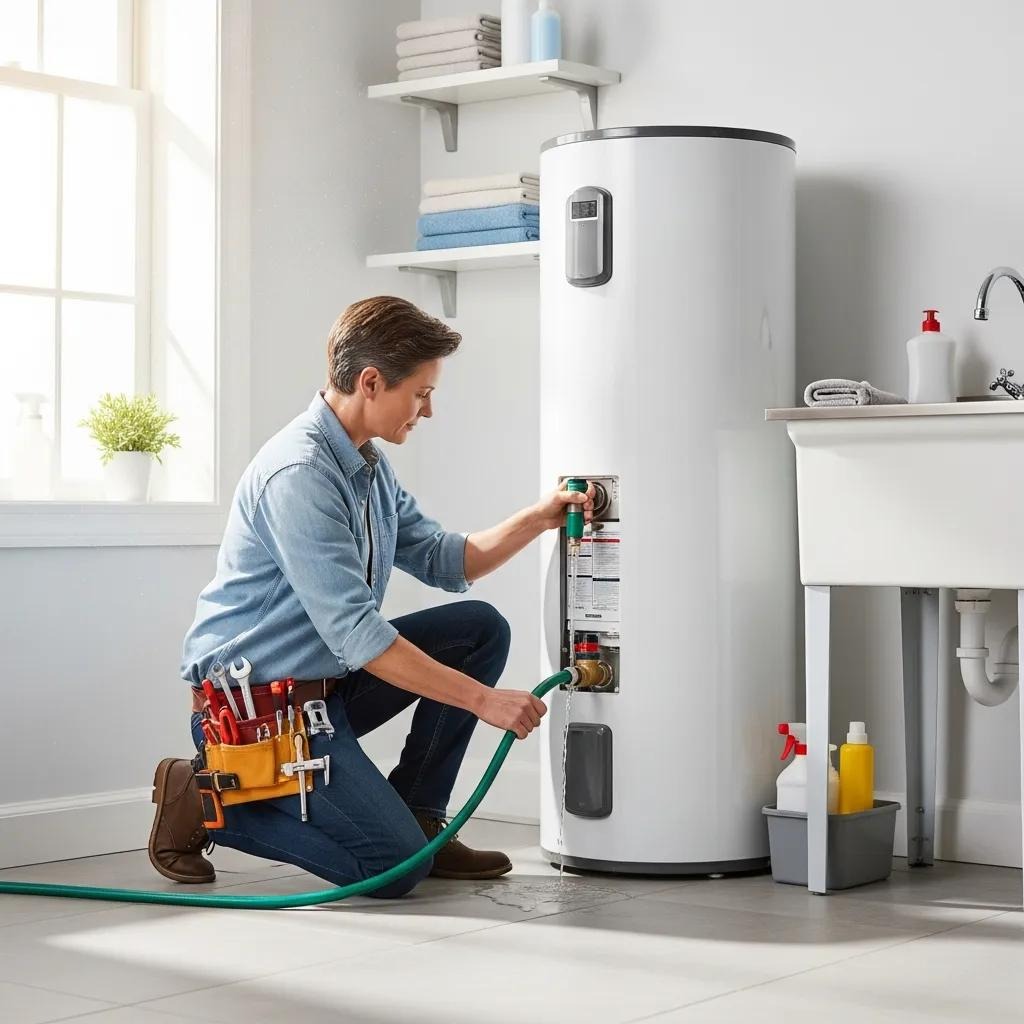 Homeowner performing maintenance on a water heater, highlighting the importance of regular upkeep