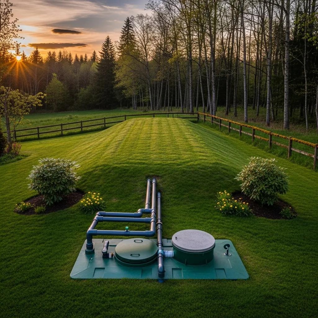 Septic system components in a rural setting, emphasizing maintenance and efficiency