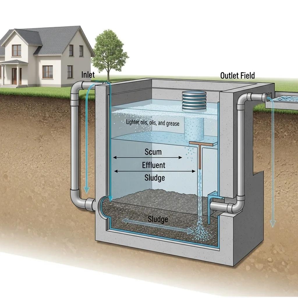 Illustration of septic tank function, showing solids separation and effluent flow