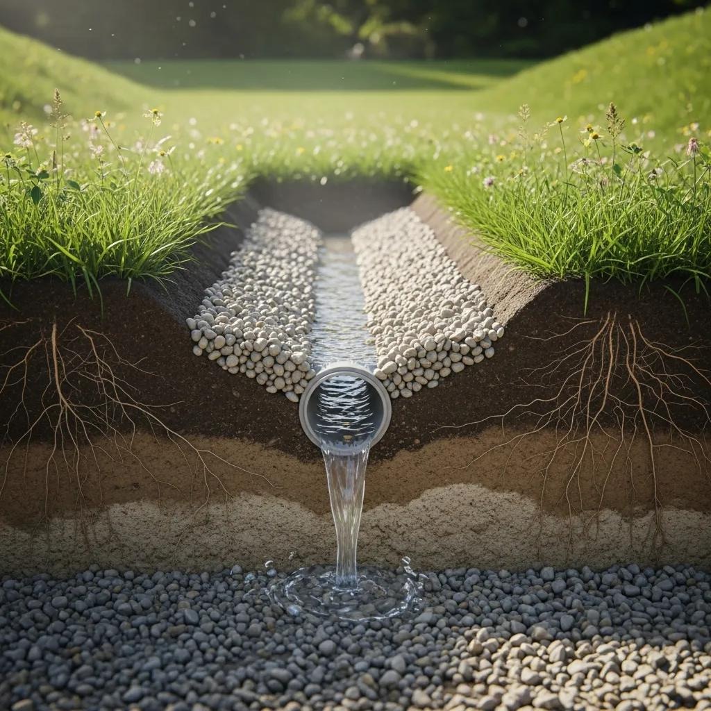 Drain field components showing effluent dispersion and natural filtration process