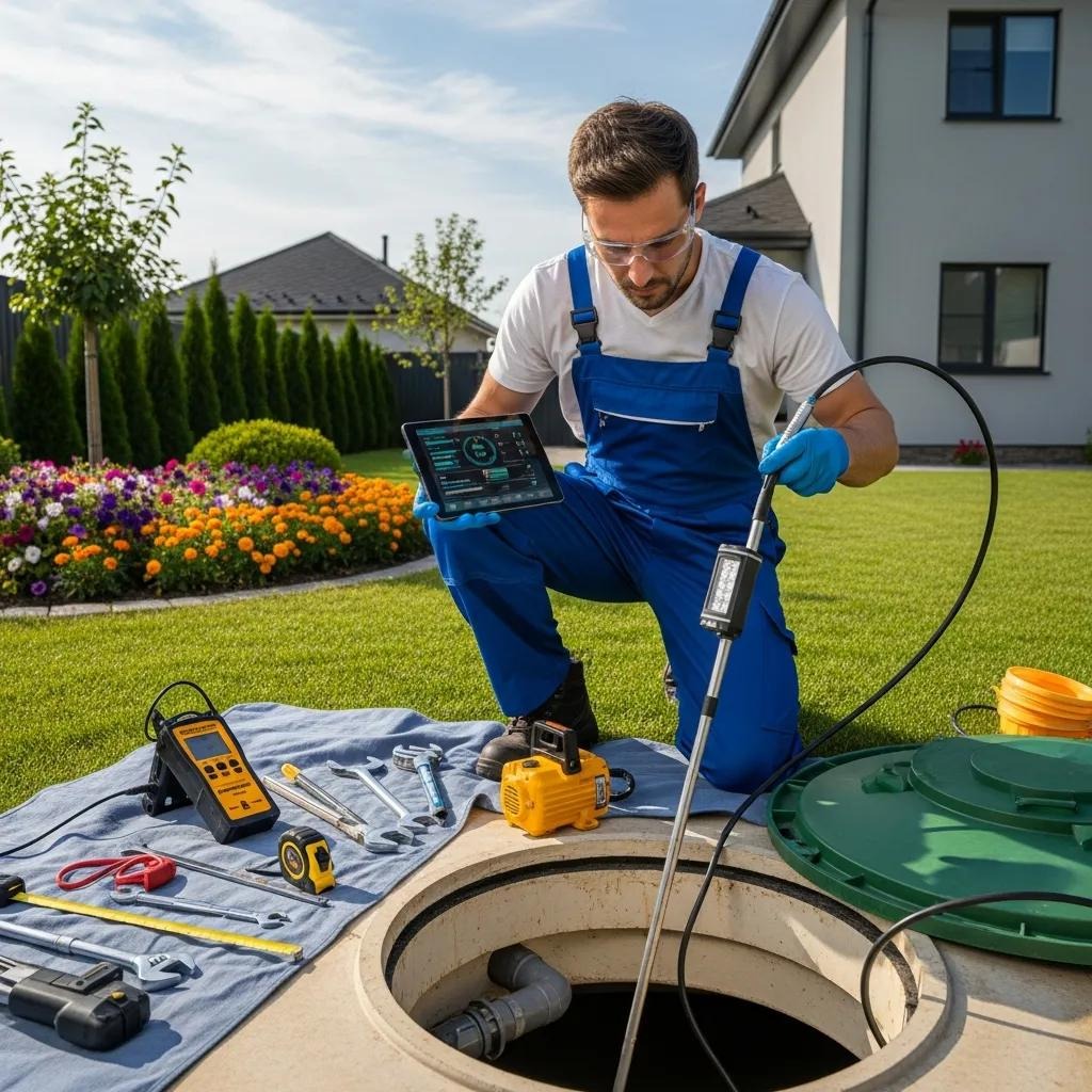 Technician inspecting a septic tank with diagnostic tools in a residential yard