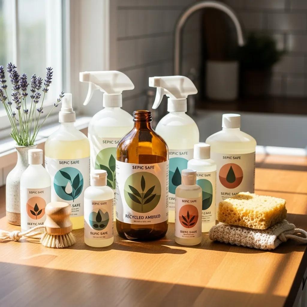 Septic-safe cleaning products on a kitchen counter emphasizing eco-friendly choices