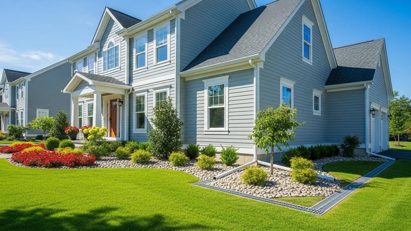 Home with effective drainage solutions and landscaping for water damage prevention