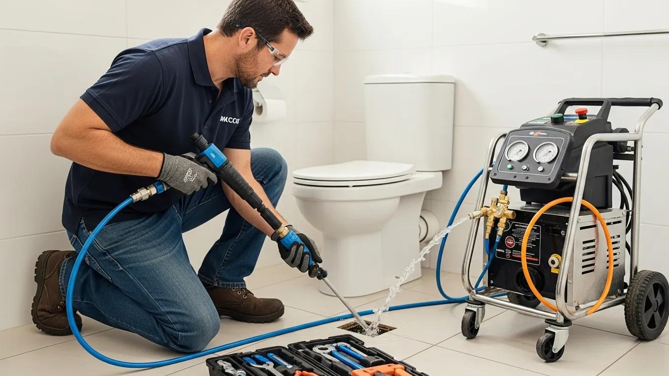 Professional plumber performing drain cleaning with advanced equipment
