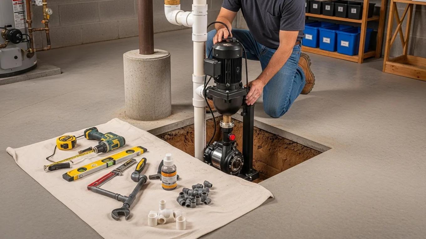 Technician installing a sump pump in a basement to prevent flooding