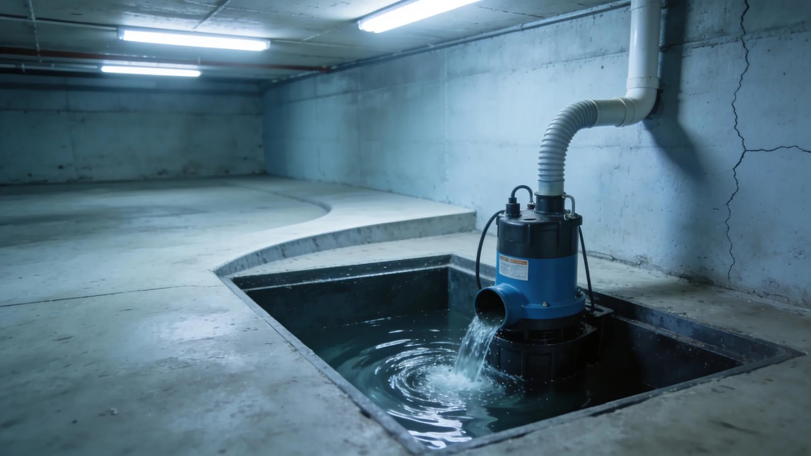 Sump pump in a basement efficiently removing water from a sump pit for flood protection