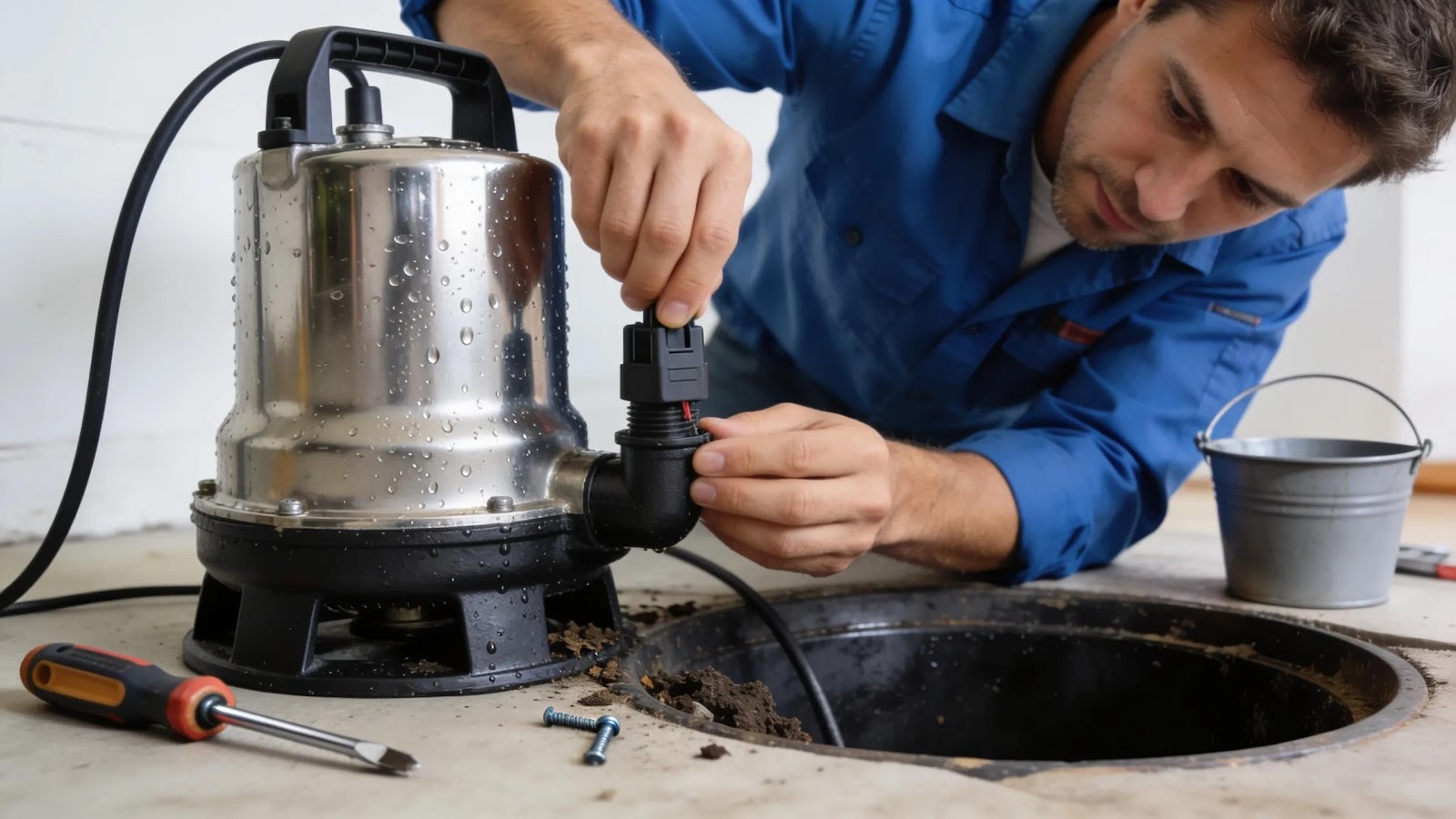 Homeowner performing maintenance on a sump pump to ensure reliable performance