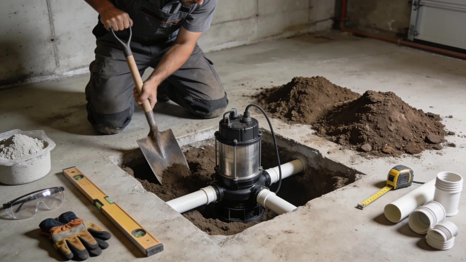 Professional installing a sump pump in a basement to ensure effective flood prevention