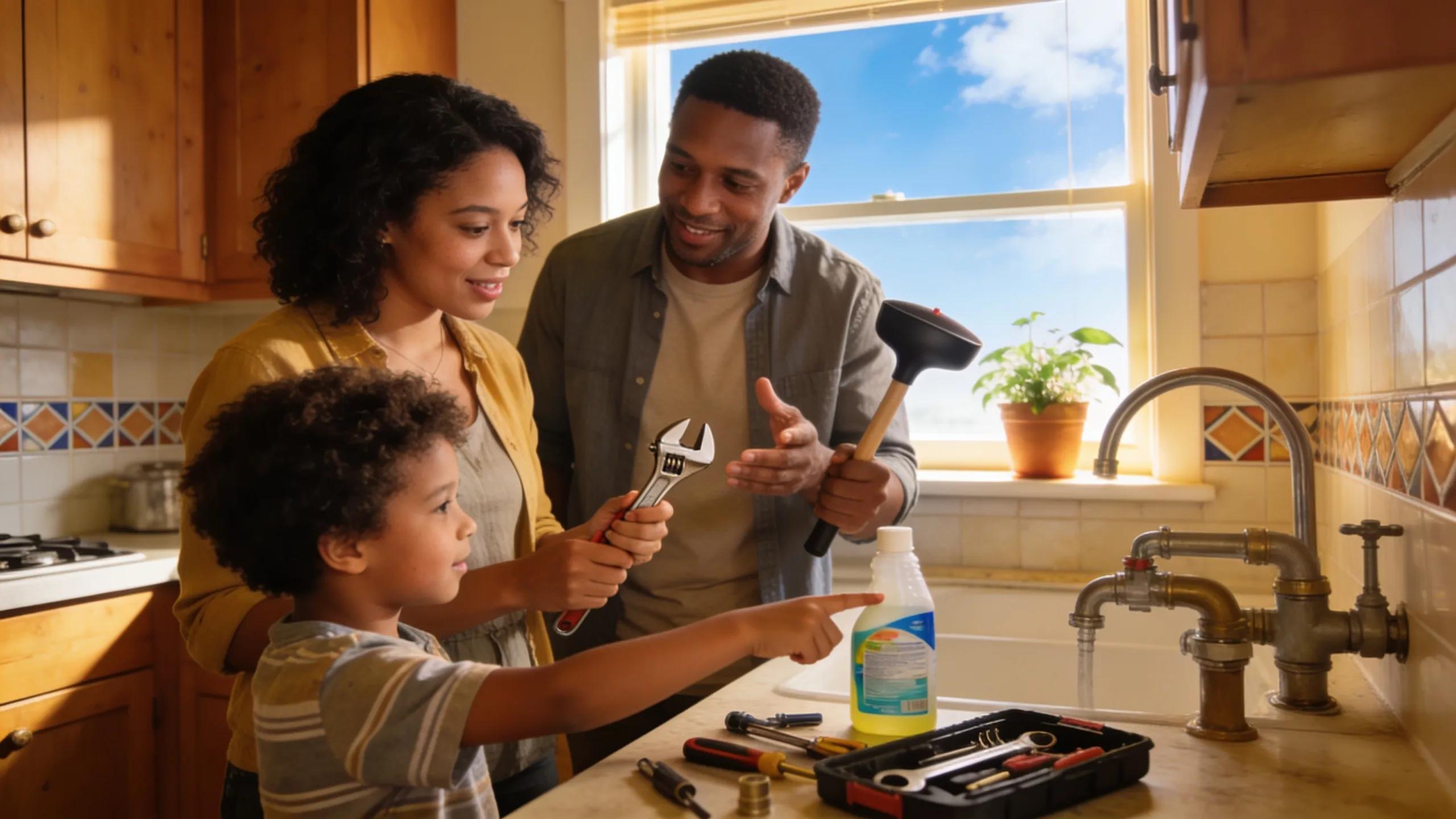 Family discussing plumbing maintenance with tools in a welcoming kitchen