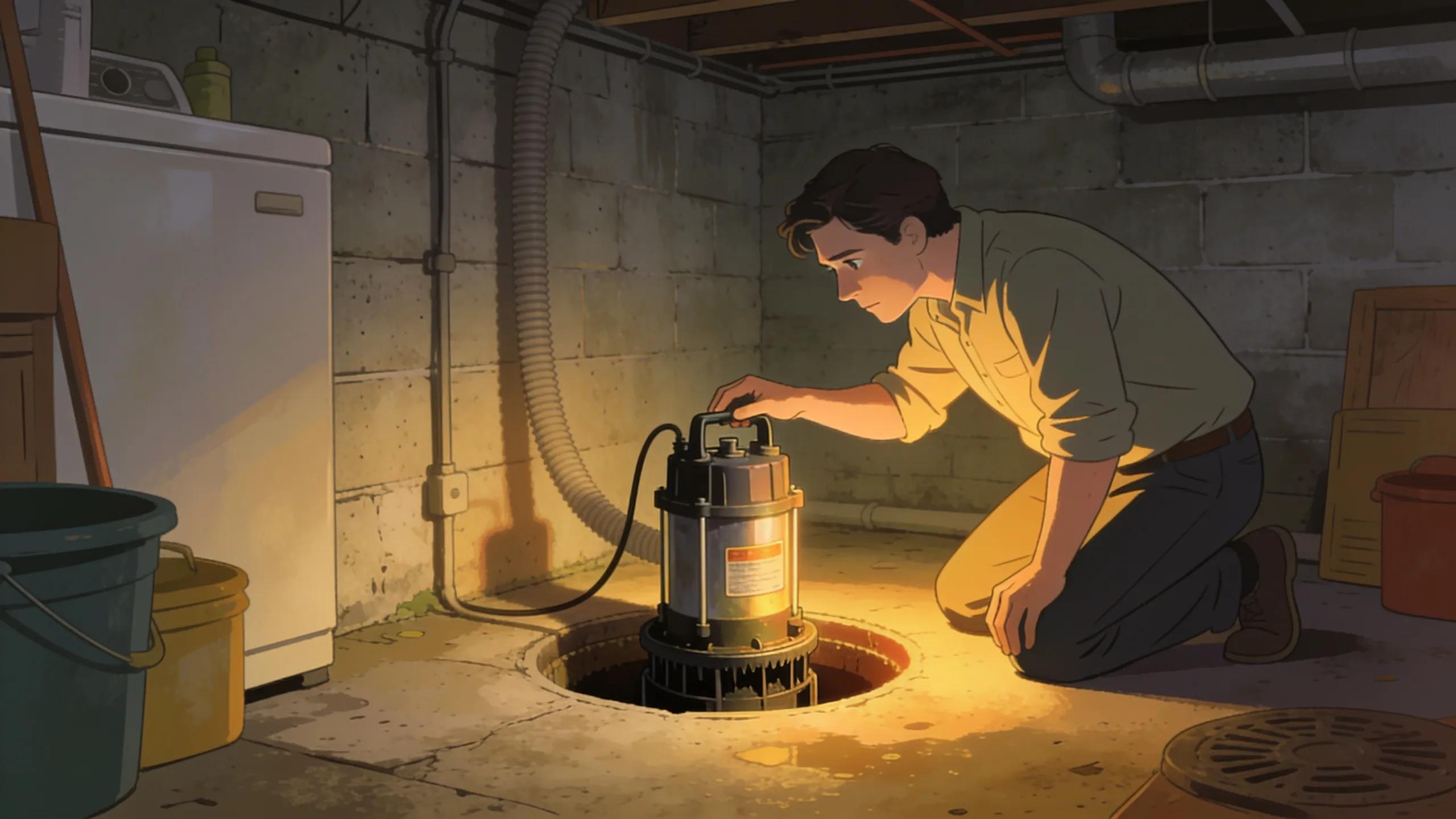 Individual inspecting a sump pump in a basement environment