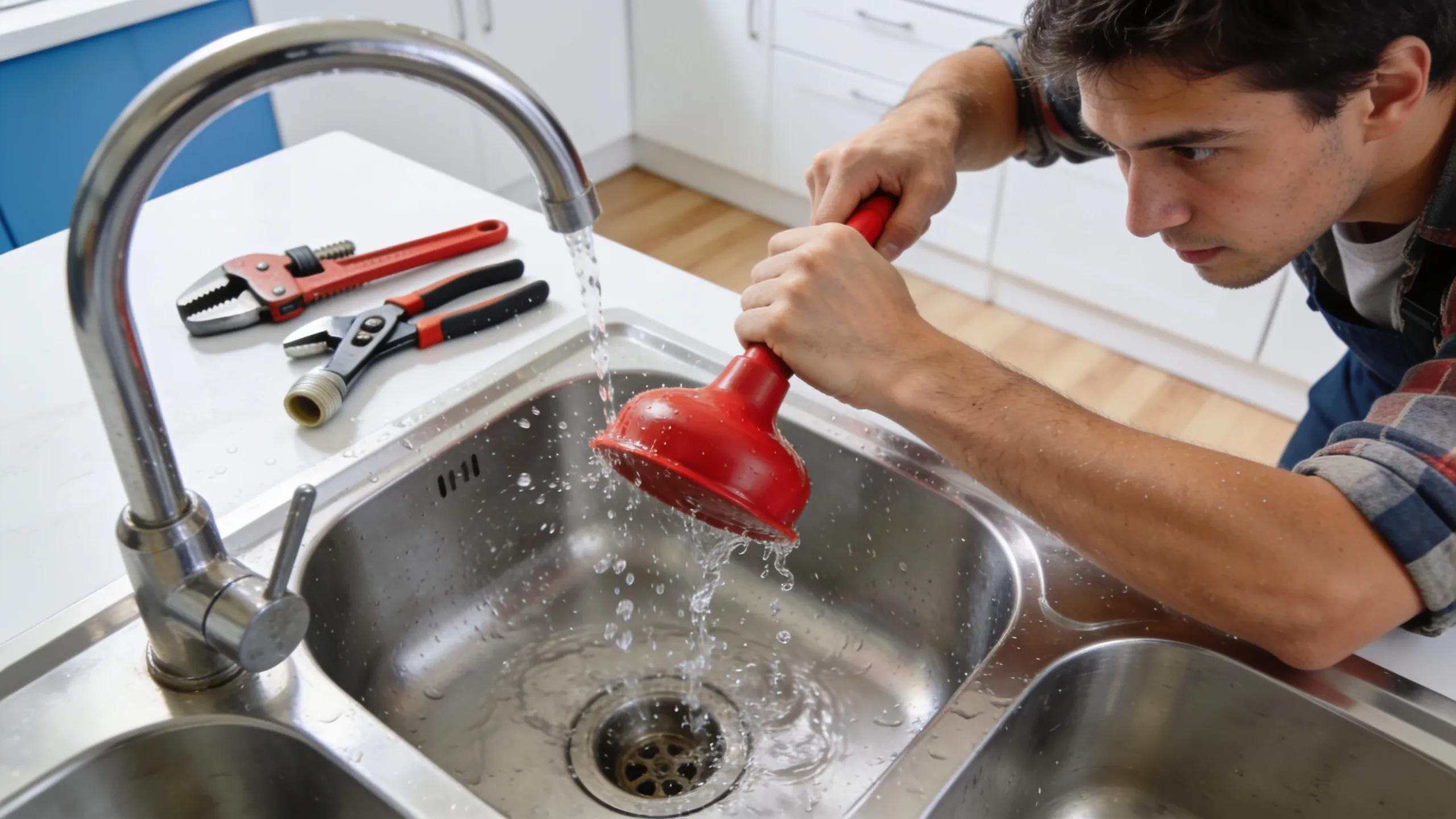 Person using a plunger to fix a clogged kitchen sink
