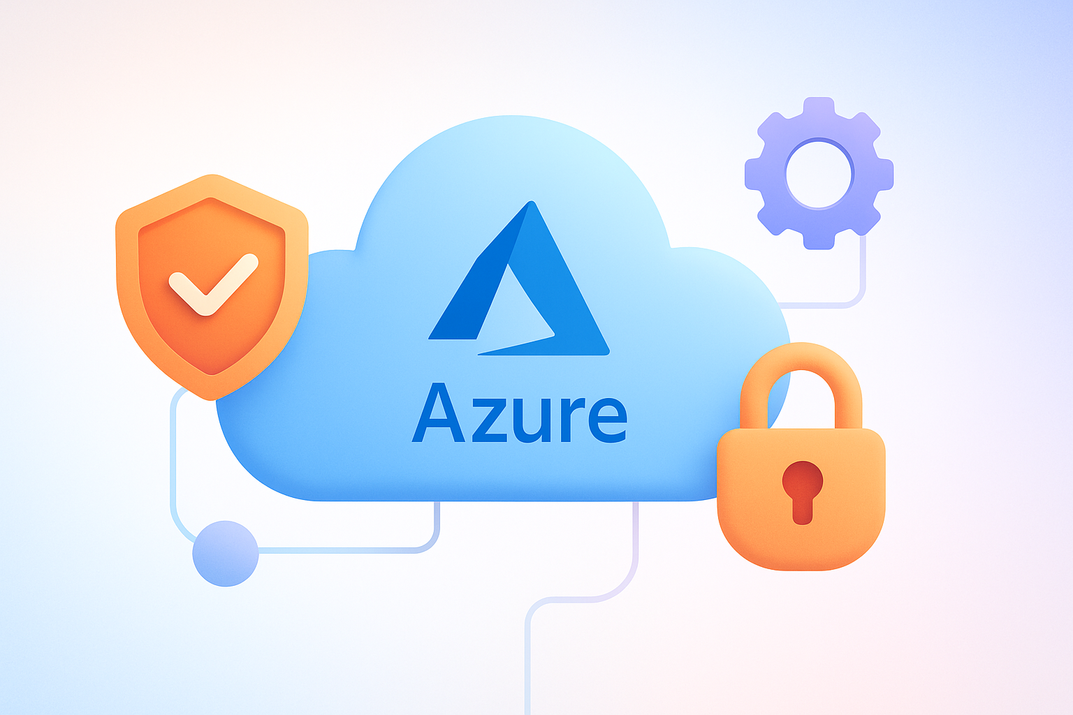 Blue cloud with Azure logo surrounded by orange shield with checkmark, orange padlock, and purple gear icons representing cloud security and management.