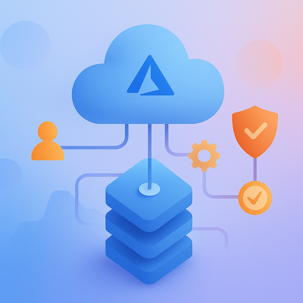 Illustration of cloud computing with blue cloud connected to stacked servers, user icon, settings gear, and shield with check marks.