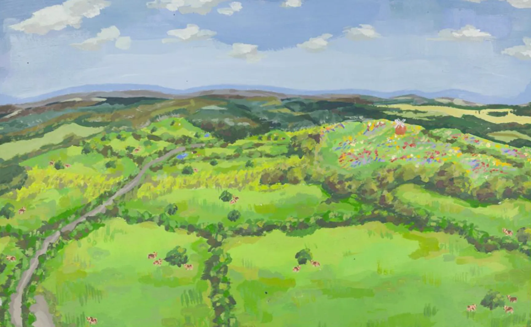 A painting of the meadow at Halnaker Hill Farm