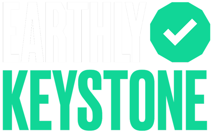 Text 'EARTHLY KEYSTONE' with a green badge containing a white checkmark on a black background.