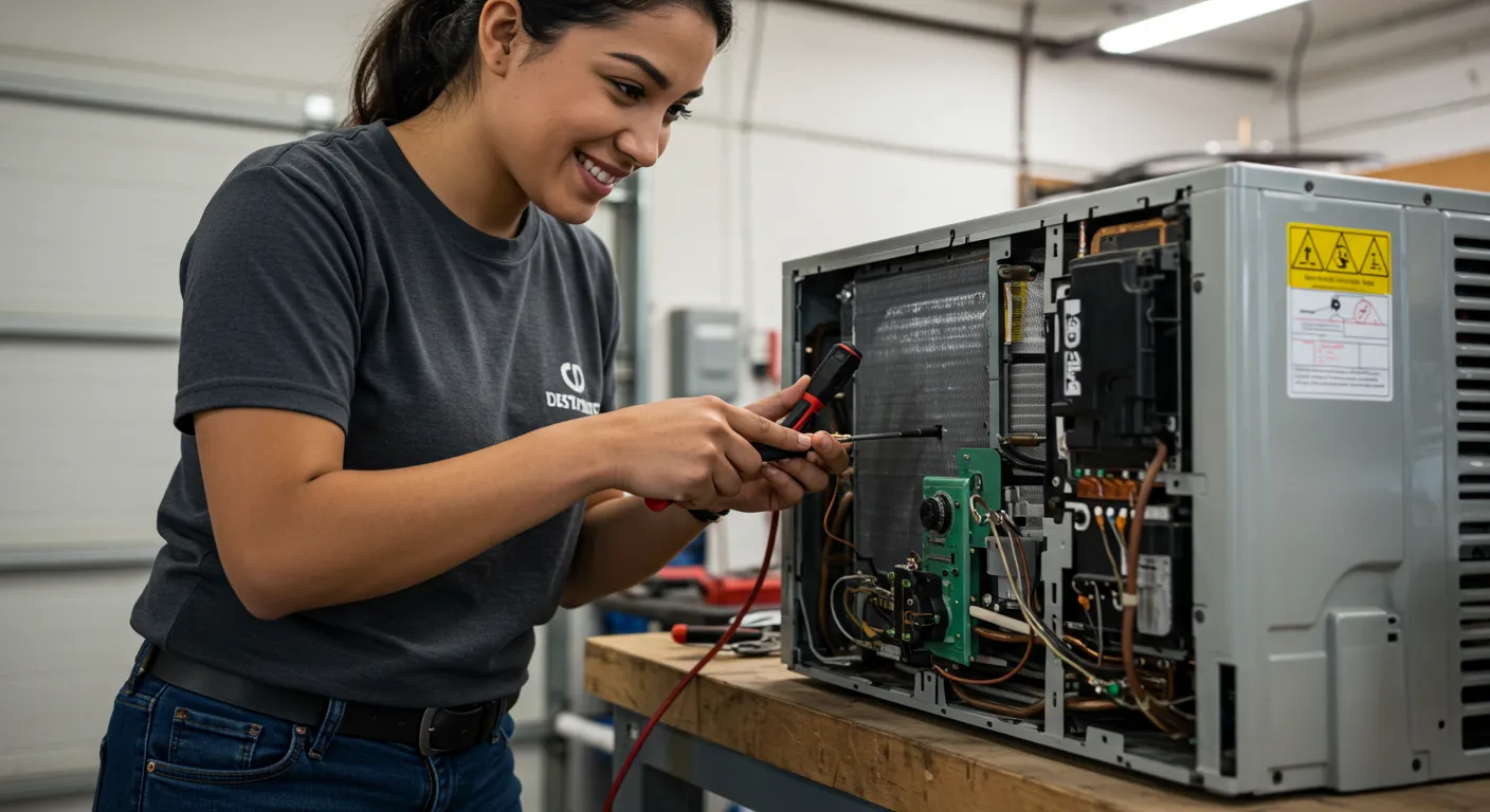 A smiling woman in a grey t-shirt and jeans uses a screwdriver to work on the internal components of an AC unit