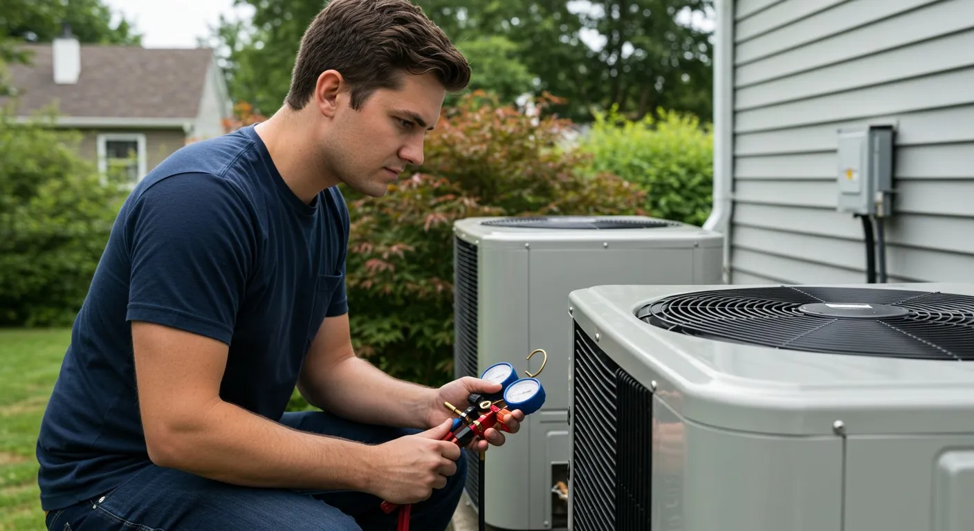 HVAC technician using manifold gauges to check the refrigerant on an outdoor heat pump unit.
