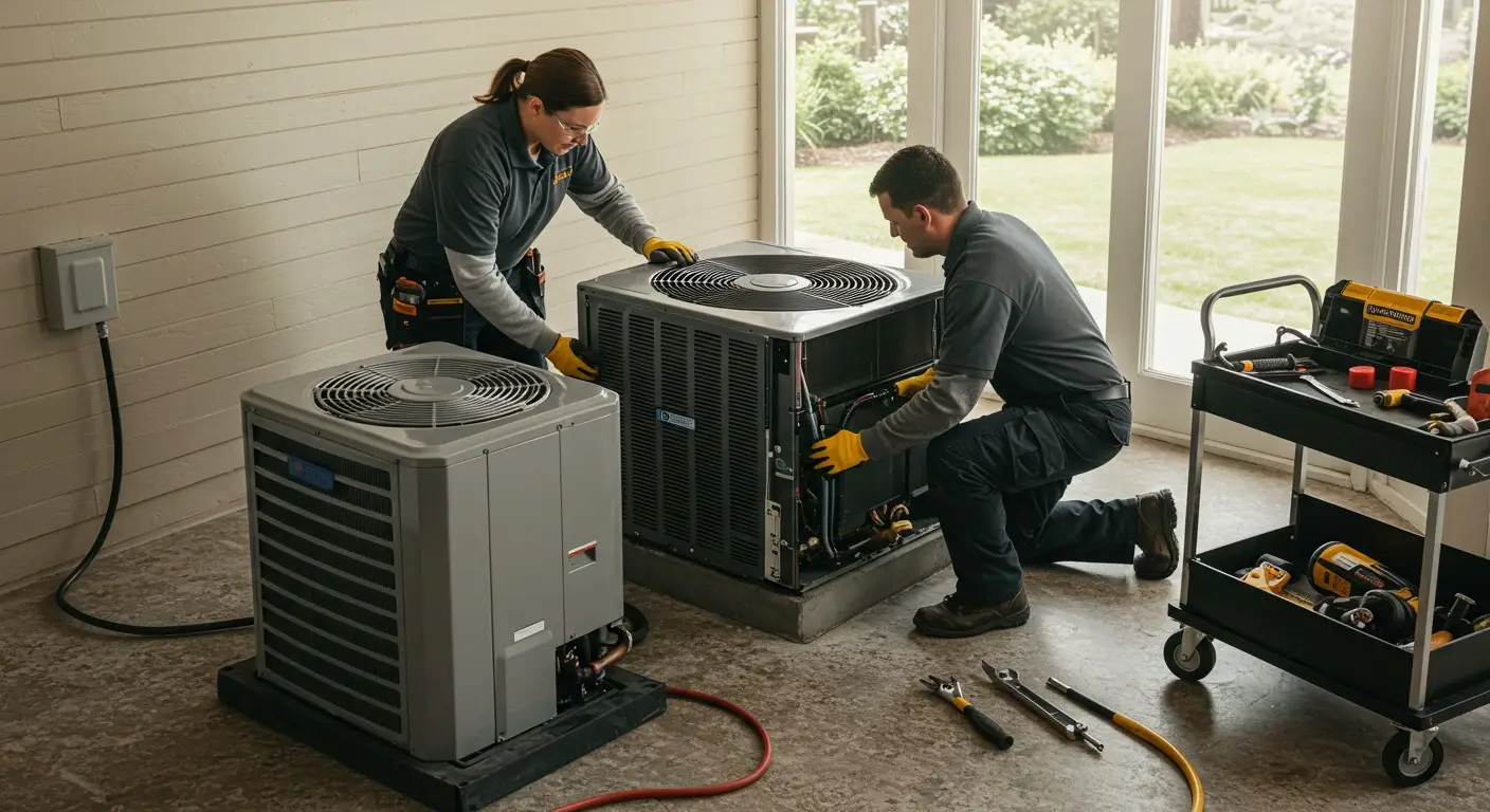 Two technicians replacing two HVAC units indoors.