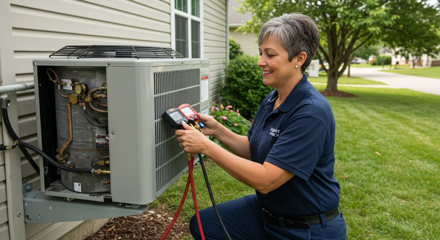 Woman technician checking residential AC unit.