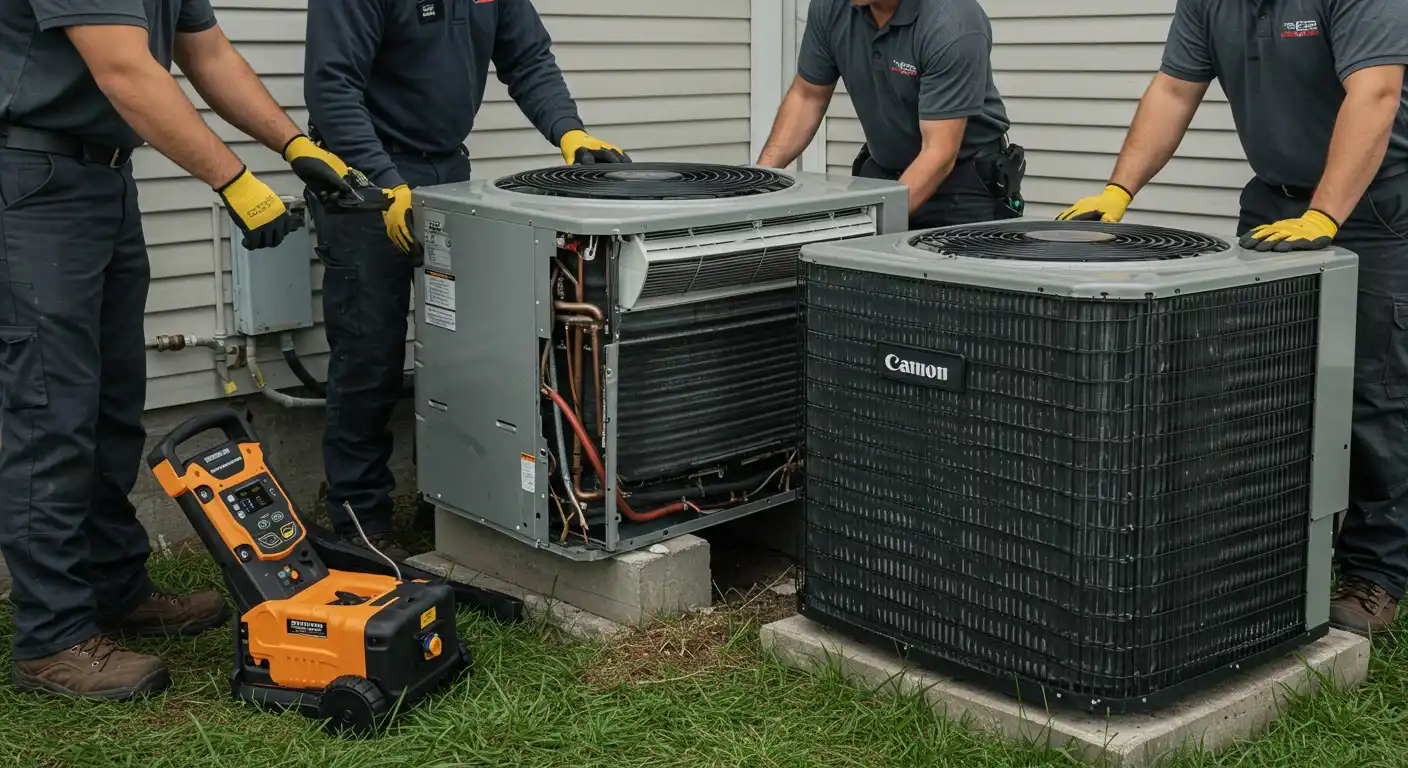 Four technicians replacing AC units.
