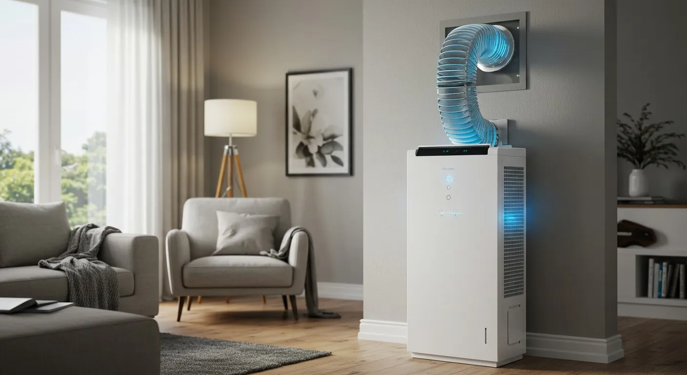 Portable air purifier with duct in living room.